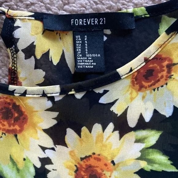 Forever 21 Sheer Sunflower Floral Black Yellow Tunic Blouse Size Small - Picture 4 of 6